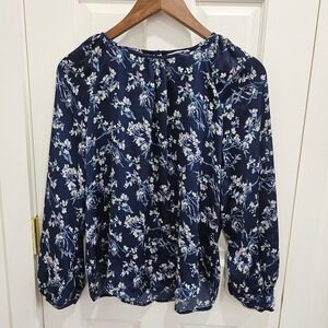 Ophelia Roe Floral Print Blouse Top Small Long Sleeve Navy Blue Casual
